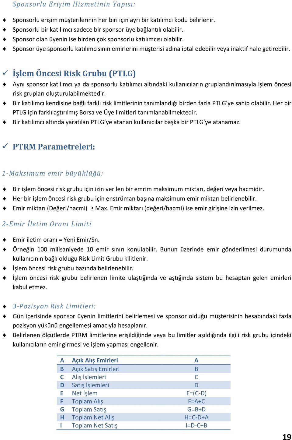 İşlem Öncesi Risk Grubu (PTLG) Aynı sponsor katılımcı ya da sponsorlu katılımcı altındaki kullanıcıların gruplandırılmasıyla işlem öncesi risk grupları oluşturulabilmektedir.