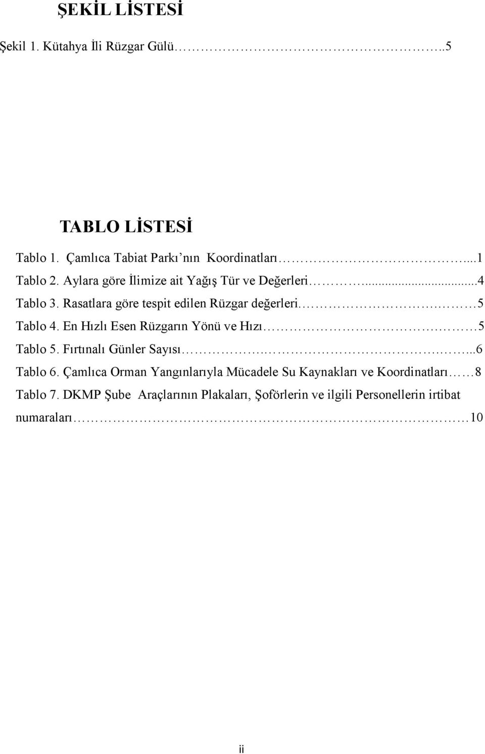 En Hızlı Esen Rüzgarın Yönü ve Hızı. 5 Tablo 5. Fırtınalı Günler Sayısı.....6 Tablo 6.