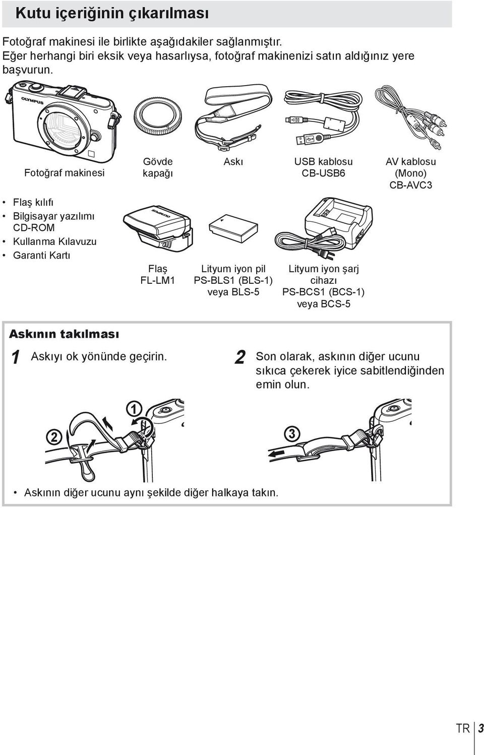 Fotoğraf makinesi Flaş kılıfı Bilgisayar yazılımı CD-ROM Kullanma Kılavuzu Garanti Kartı Gövde kapağı Flaş FL-LM1 Askı Lityum iyon pil PS-BLS1 (BLS-1) veya