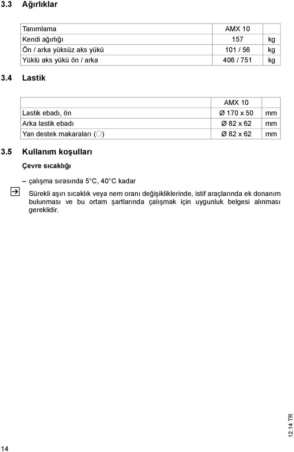 5 Kullanım koşulları Z AMX 10 Lastik ebadı, ön Ø 170 x 50 mm Arka lastik ebadı Ø 82 x 62 mm Yan destek makaraları (o) Ø 82 x