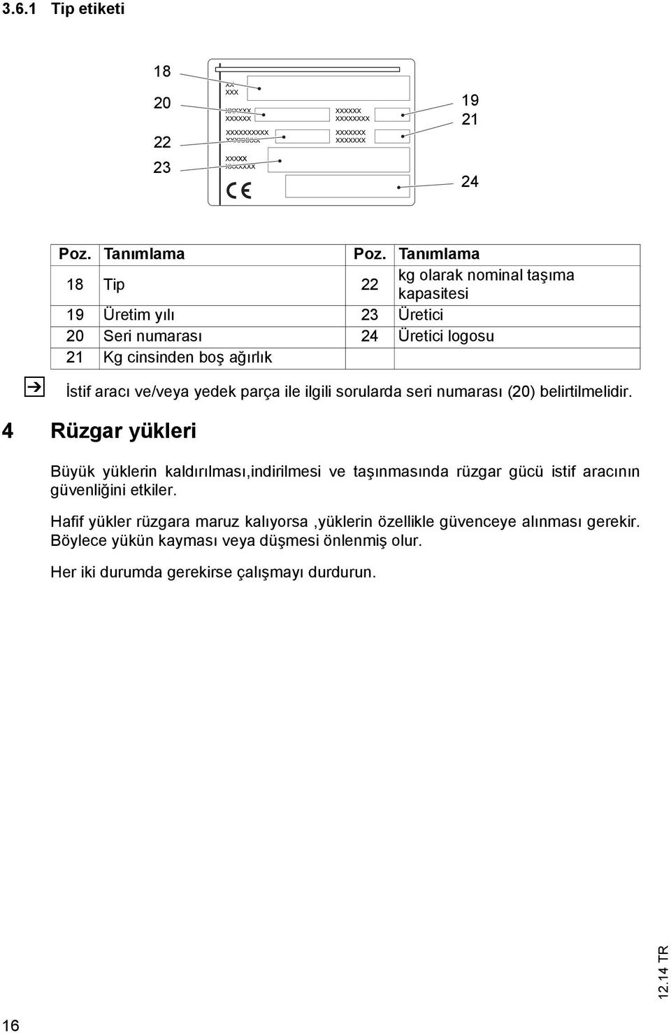 İstif aracı ve/veya yedek parça ile ilgili sorularda seri numarası (20) belirtilmelidir.