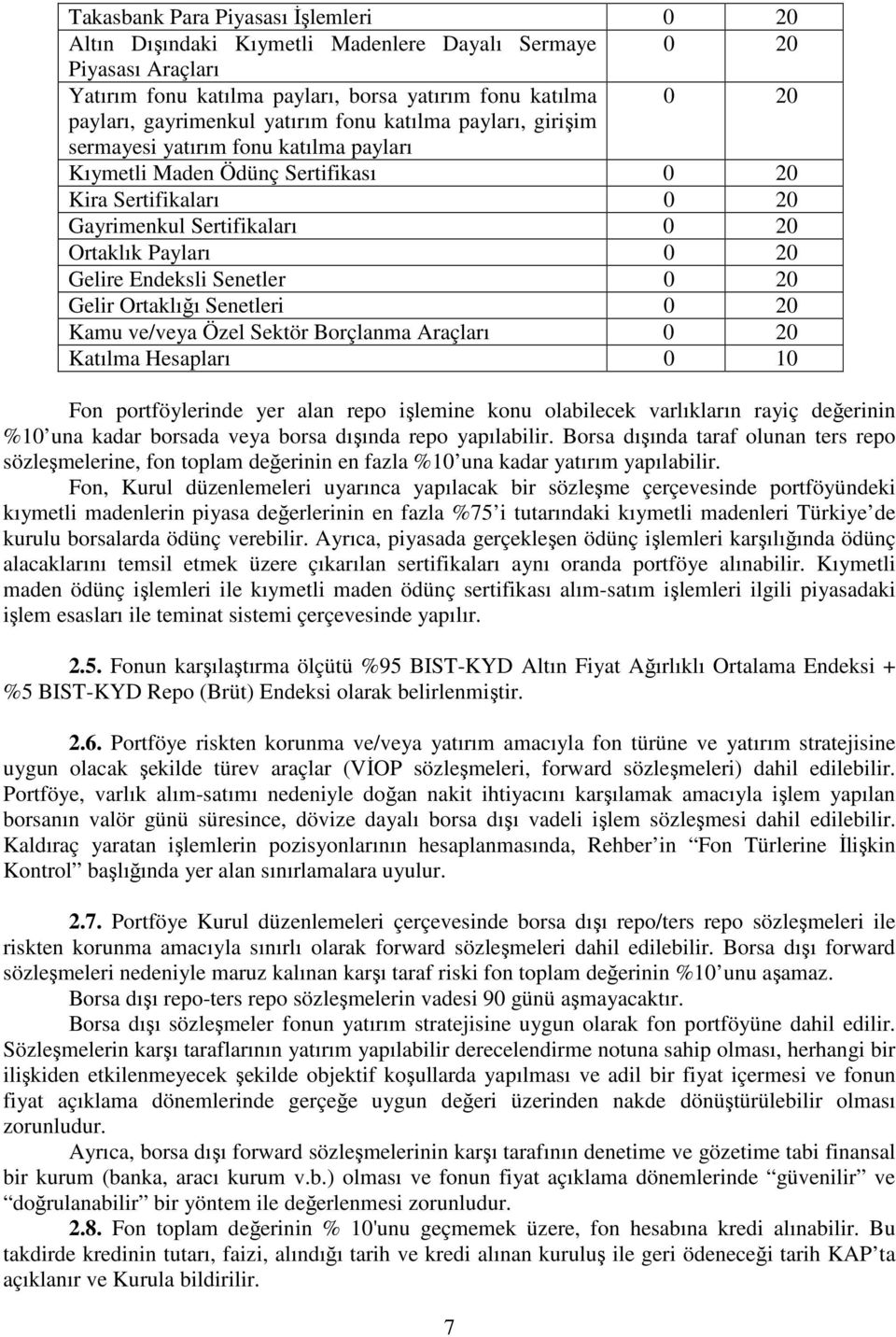 Endeksli Senetler 0 20 Gelir Ortaklığı Senetleri 0 20 Kamu ve/veya Özel Sektör Borçlanma Araçları 0 20 Katılma Hesapları 0 10 Fon portföylerinde yer alan repo işlemine konu olabilecek varlıkların