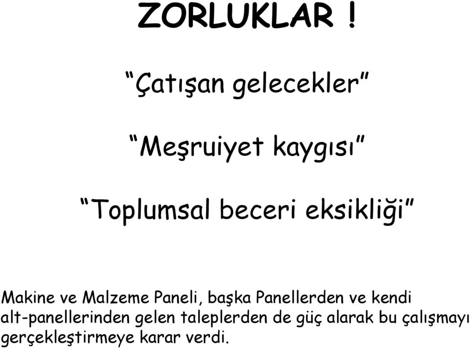 eksikliği Makine ve Malzeme Paneli, başka Panellerden