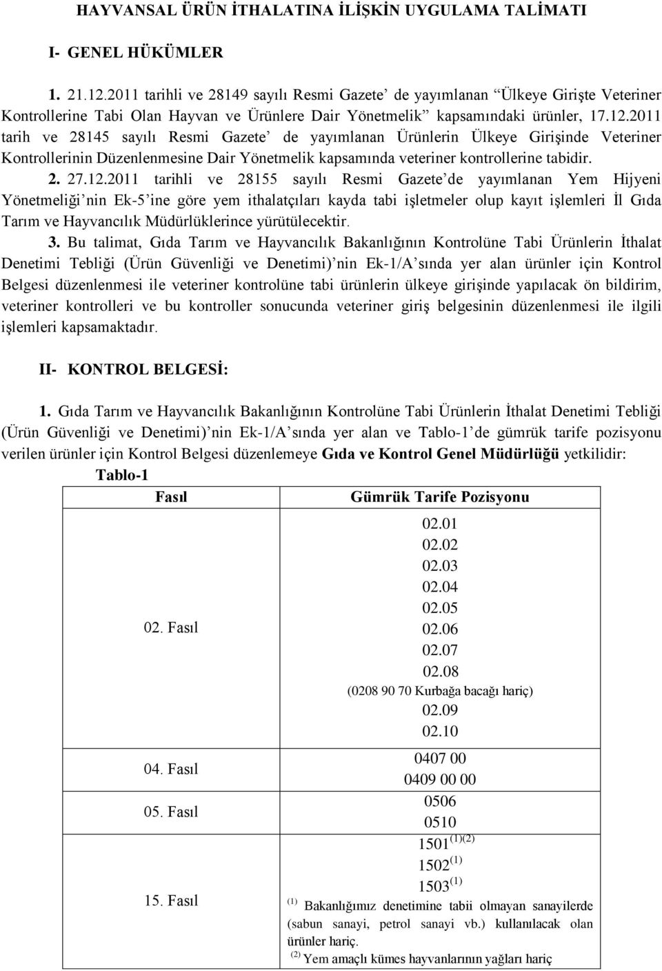 2011 tarih ve 28145 sayılı Resmi Gazete de yayımlanan Ürünlerin Ülkeye Girişinde Veteriner Kontrollerinin Düzenlenmesine Dair Yönetmelik kapsamında veteriner kontrollerine tabidir. 2. 27.12.