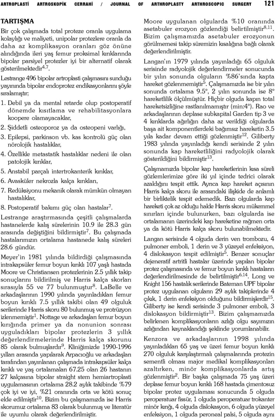 Lestrange 496 bipolar artroplasti çalýþmasýný sunduðu yayýnýnda bipolar endoprotez endikasyonlarýný þöyle sýralamýþtýr; 1.