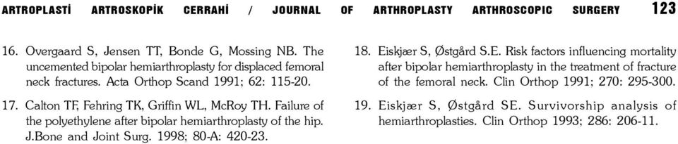 Failure of the polyethylene after bipolar hemiarthroplasty of the hip. J.Bone and Joint Surg. 1998; 80-A: 420-23. 18. Ei