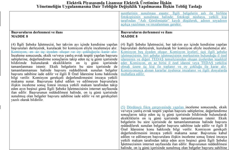 gerekir. Başvuruların derlenmesi ve ilanı MADDE 8 (4) İlgili Şebeke İşletmecisi, her takvim ayı içinde kendisine yapılan başvuruları derleyerek, kurulacak bir komisyon eliyle incelemeye alır.