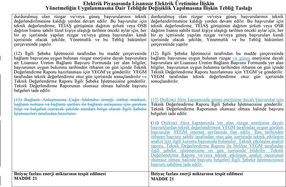 Bu başvurular için teknik değerlendirme, TEİAŞ görüşünün dağıtım şirketi veya OSB dağıtım lisansı sahibi tüzel kişiye ulaştığı tarihten önceki aylar için, her bir ay içerisinde yapılan rüzgar ve/veya