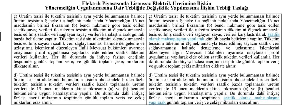 tüketimini ölçmek amacıyla tesis edilmiş saatlik veri sağlayan sayaç verileri karşılaştırılarak günlük bazda belirleme yapılır.