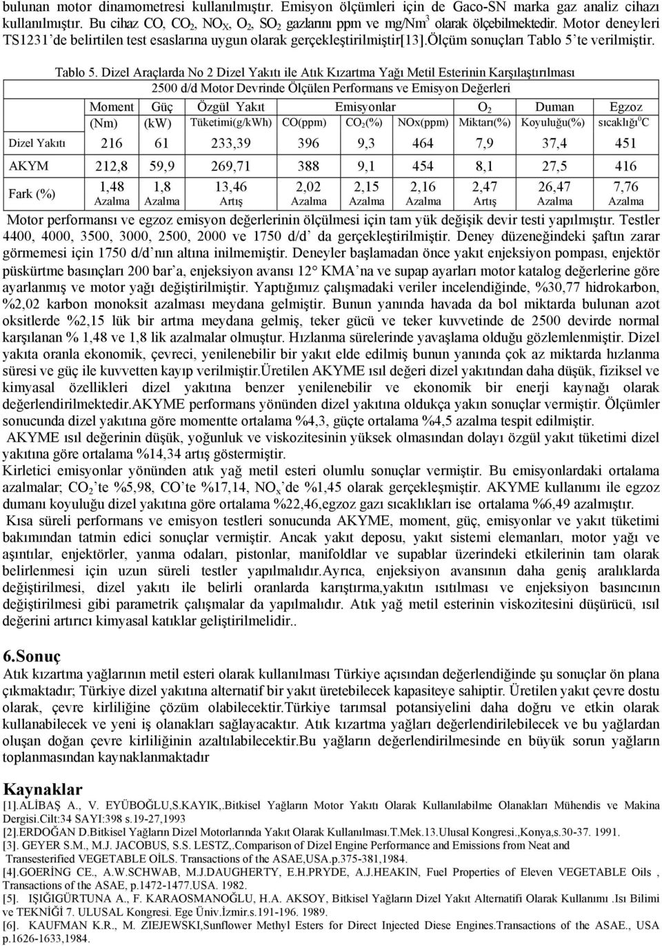 ölçüm sonuçları Tablo 5 