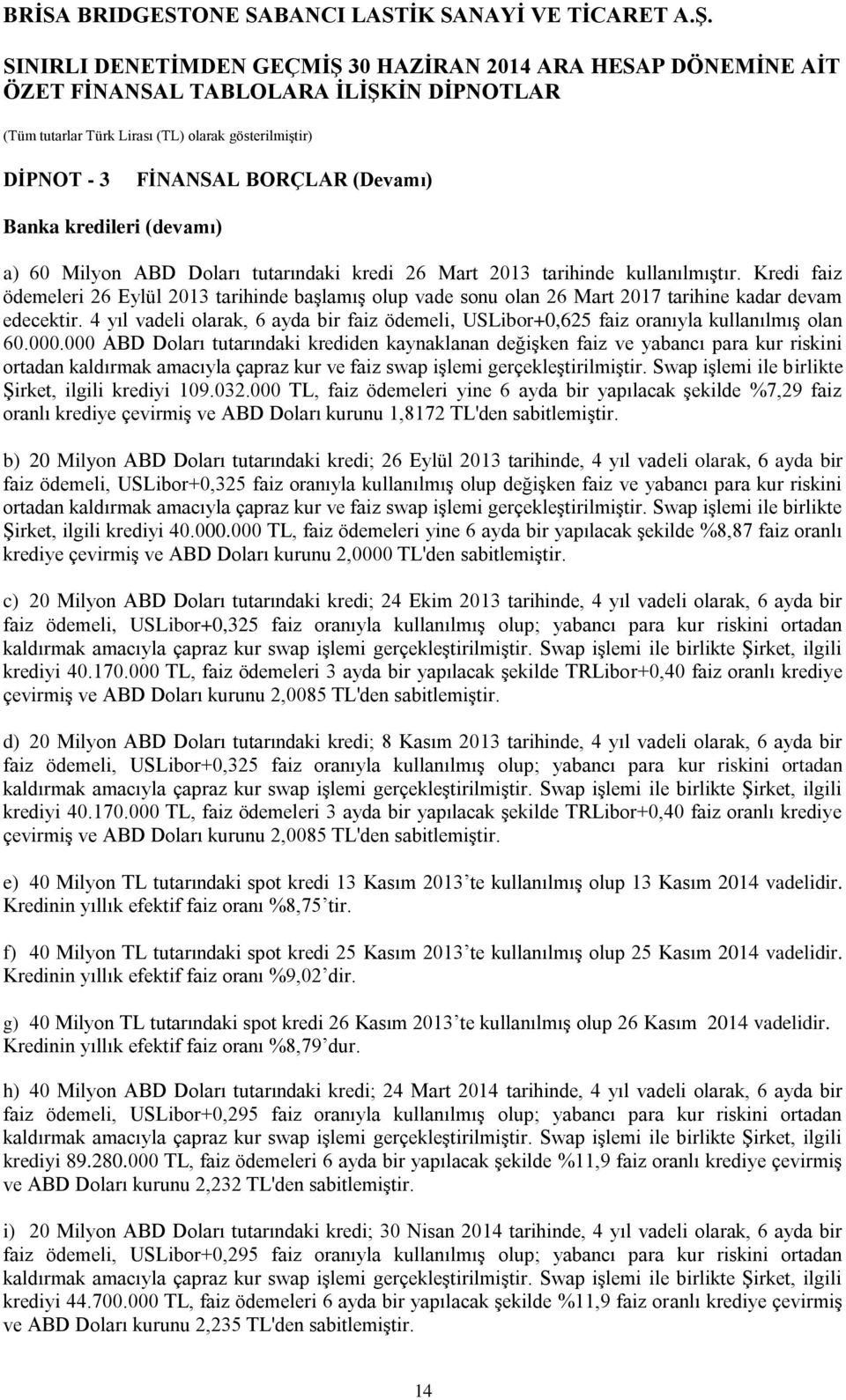 4 yıl vadeli olarak, 6 ayda bir faiz ödemeli, USLibor+0,625 faiz oranıyla kullanılmış olan 60.000.