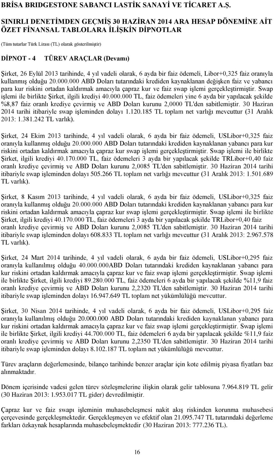 Swap işlemi ile birlikte Şirket, ilgili krediyi 40.000.000 TL, faiz ödemeleri yine 6 ayda bir yapılacak şekilde %8,87 faiz oranlı krediye çevirmiş ve ABD Doları kurunu 2,0000 TL'den sabitlemiştir.