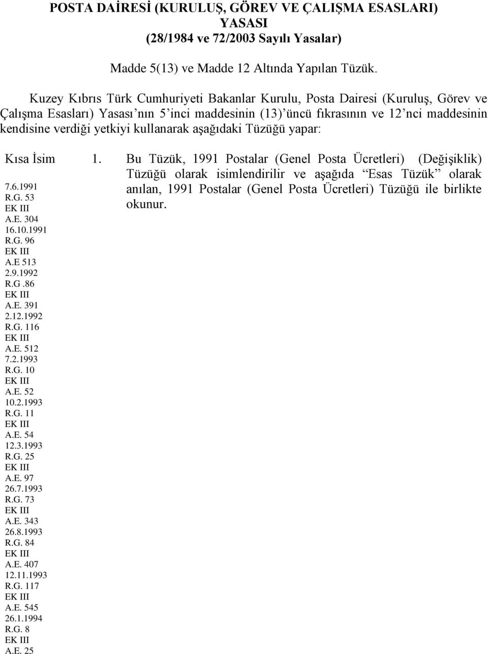 kullanarak aşağıdaki Tüzüğü yapar: Kısa İsim 1. 7.6.1991 R.G. 53 A.E. 304 16.10.1991 R.G. 96 A.E 513 2.9.1992 R.G.86 A.E. 391 2.12.1992 R.G. 116 A.E. 512 7.2.1993 R.G. 10 A.E. 52 10.2.1993 R.G. 11 A.