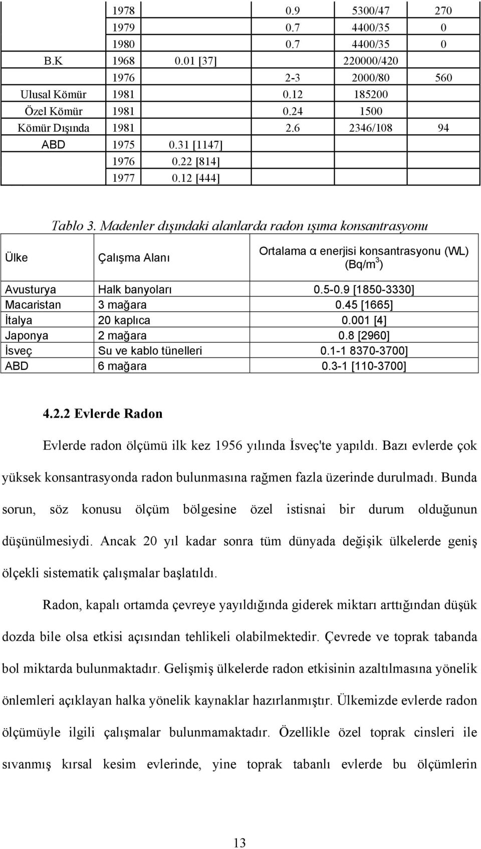 Madenler dışındaki alanlarda radon ışıma konsantrasyonu Ülke Çalışma Alanı Ortalama α enerjisi konsantrasyonu (WL) (Bq/m 3 ) Avusturya Halk banyoları 0.5-0.9 [1850-3330] Macaristan 3 mağara 0.