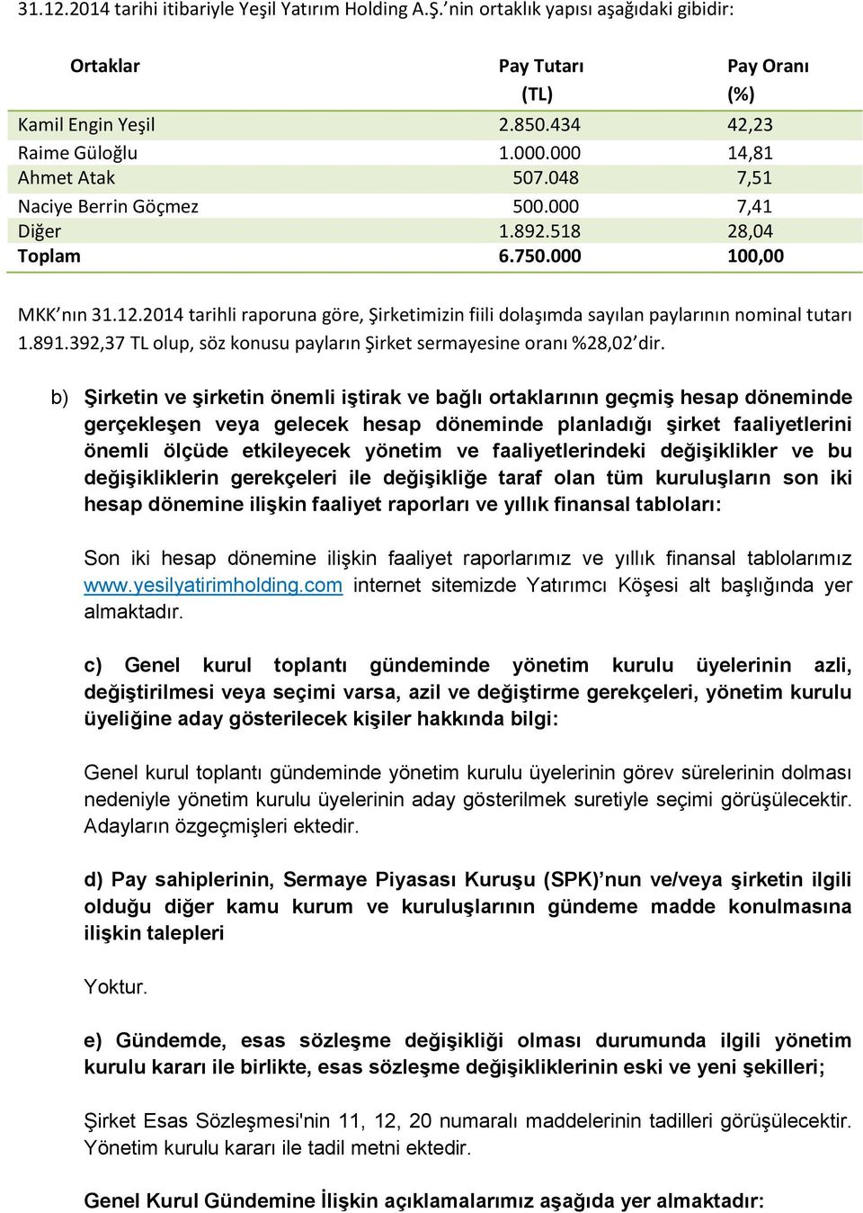 2014 tarihli raporuna göre, Şirketimizin fiili dolaşımda sayılan paylarının nominal tutarı 1.891.392,37 TL olup, söz konusu payların Şirket sermayesine oranı %28,02 dir.