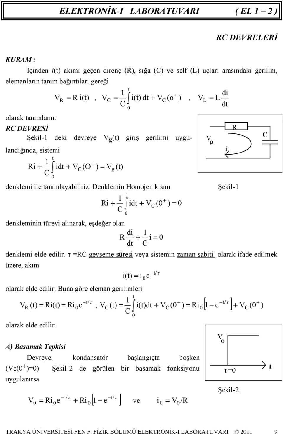 Denklemin Homojen kısmı g i + (t) 1 t + idt + V ( ) = di L dt Şekil-1 denkleminin türevi alınarak, eşdeğer olan di 1 + i = dt denklemi elde edilir.