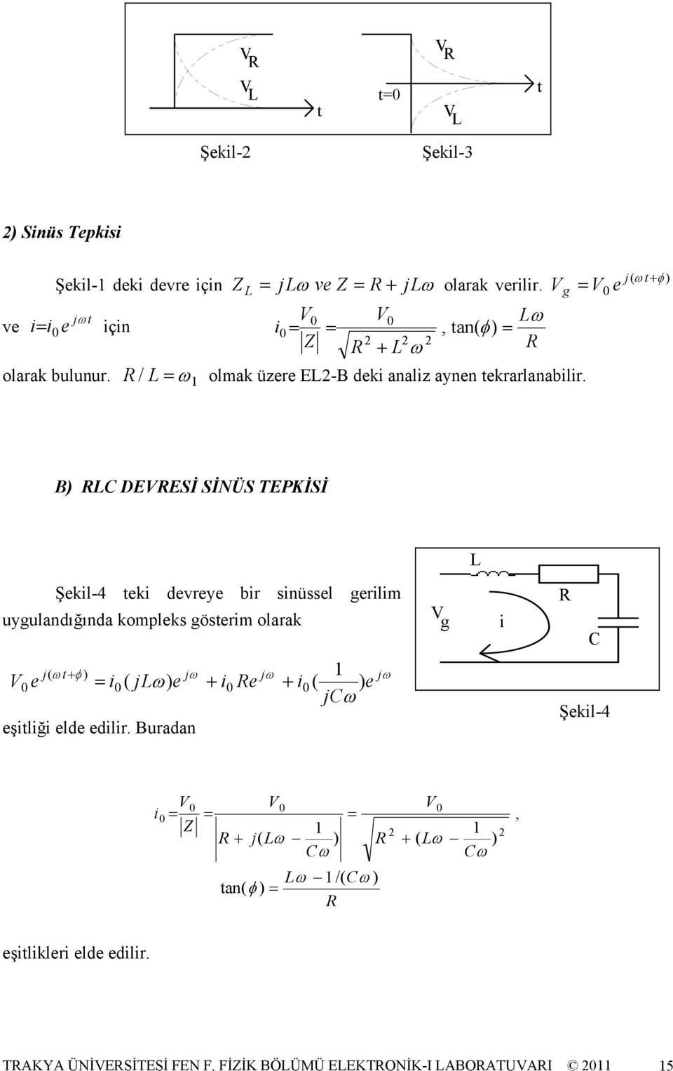 g = V e j( ω t+φ ) B) L DEVESİ SİNÜS TEPKİSİ L Şekil-4 teki devreye bir sinüssel gerilim uygulandığında kompleks gösterim olarak V g i j( ωt+ φ ) jω jω 1 V e