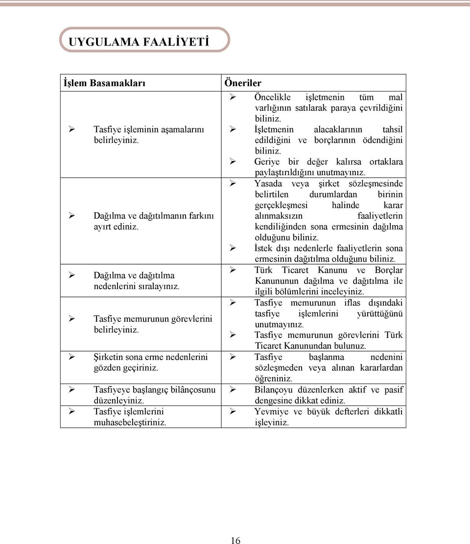 Öneriler Öncelikle işletmenin tüm mal varlığının satılarak paraya çevrildiğini biliniz. İşletmenin alacaklarının tahsil edildiğini ve borçlarının ödendiğini biliniz.