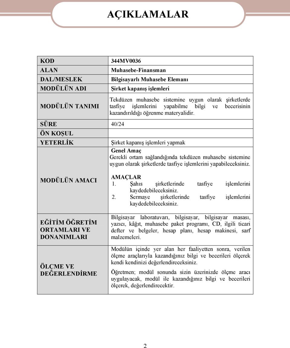 SÜRE 40/24 ÖN KOŞUL YETERLİK Şirket kapanış işlemleri yapmak Genel Amaç Gerekli ortam sağlandığında tekdüzen muhasebe sistemine uygun olarak şirketlerde tasfiye işlemlerini yapabileceksiniz.