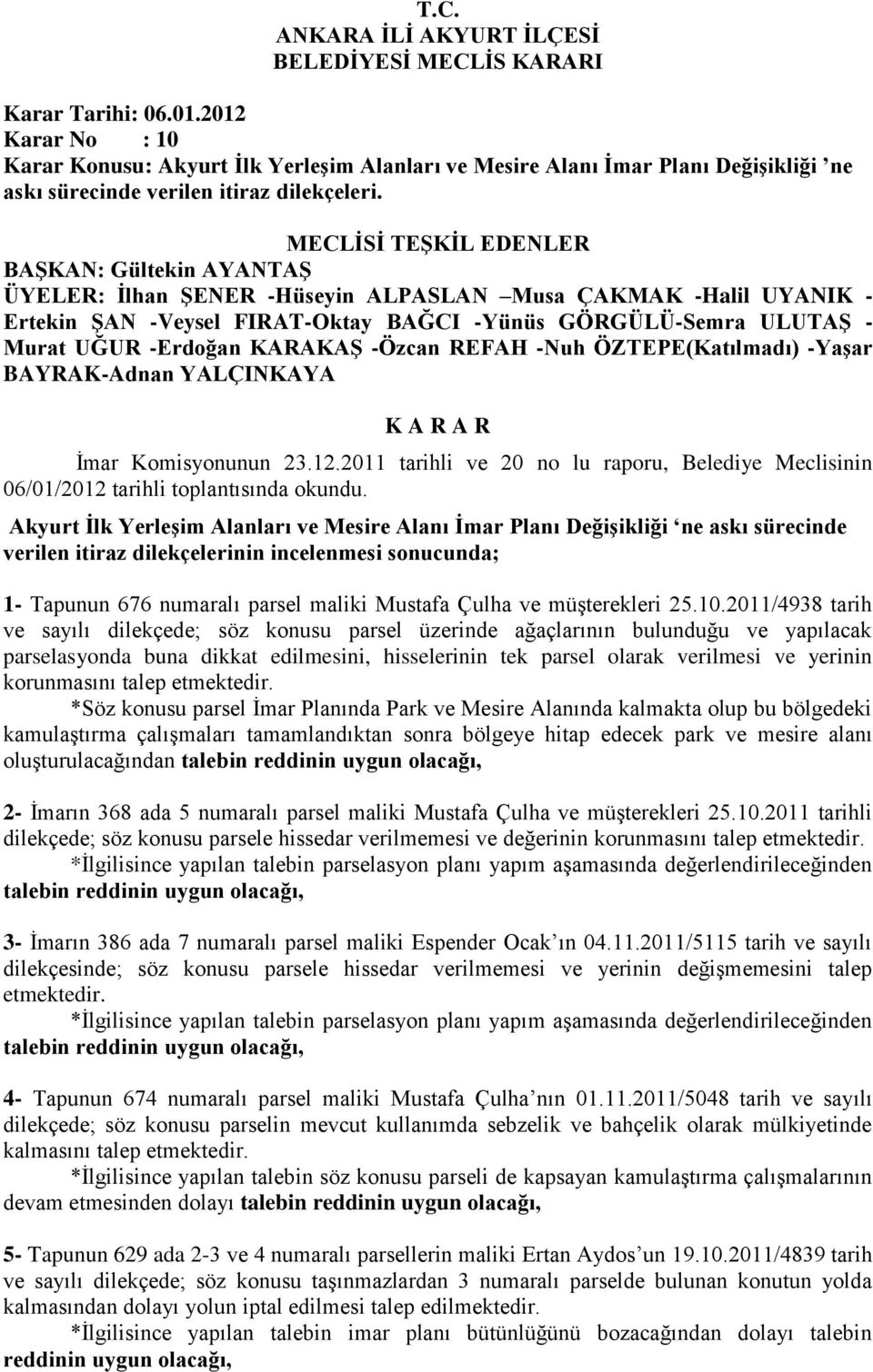 -Yaşar BAYRAK-Adnan YALÇINKAYA İmar Komisyonunun 23.12.2011 tarihli ve 20 no lu raporu, Belediye Meclisinin 06/01/2012 tarihli toplantısında okundu.