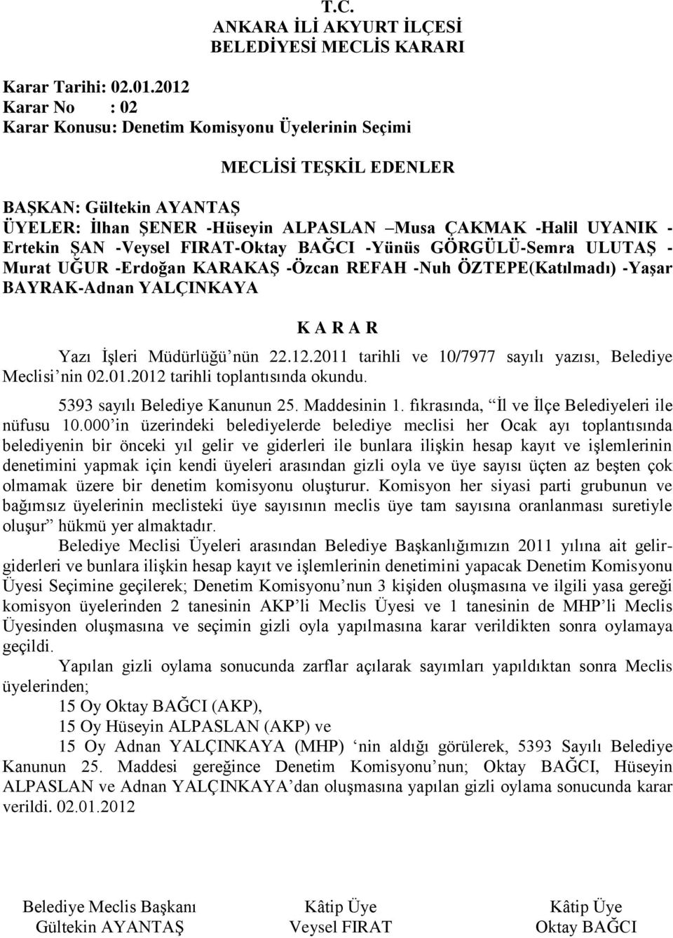 ULUTAŞ - Murat UĞUR -Erdoğan KARAKAŞ -Özcan REFAH -Nuh ÖZTEPE(Katılmadı) -Yaşar BAYRAK-Adnan YALÇINKAYA Yazı İşleri Müdürlüğü nün 22.12.2011 tarihli ve 10/7977 sayılı yazısı, Belediye Meclisi nin 02.