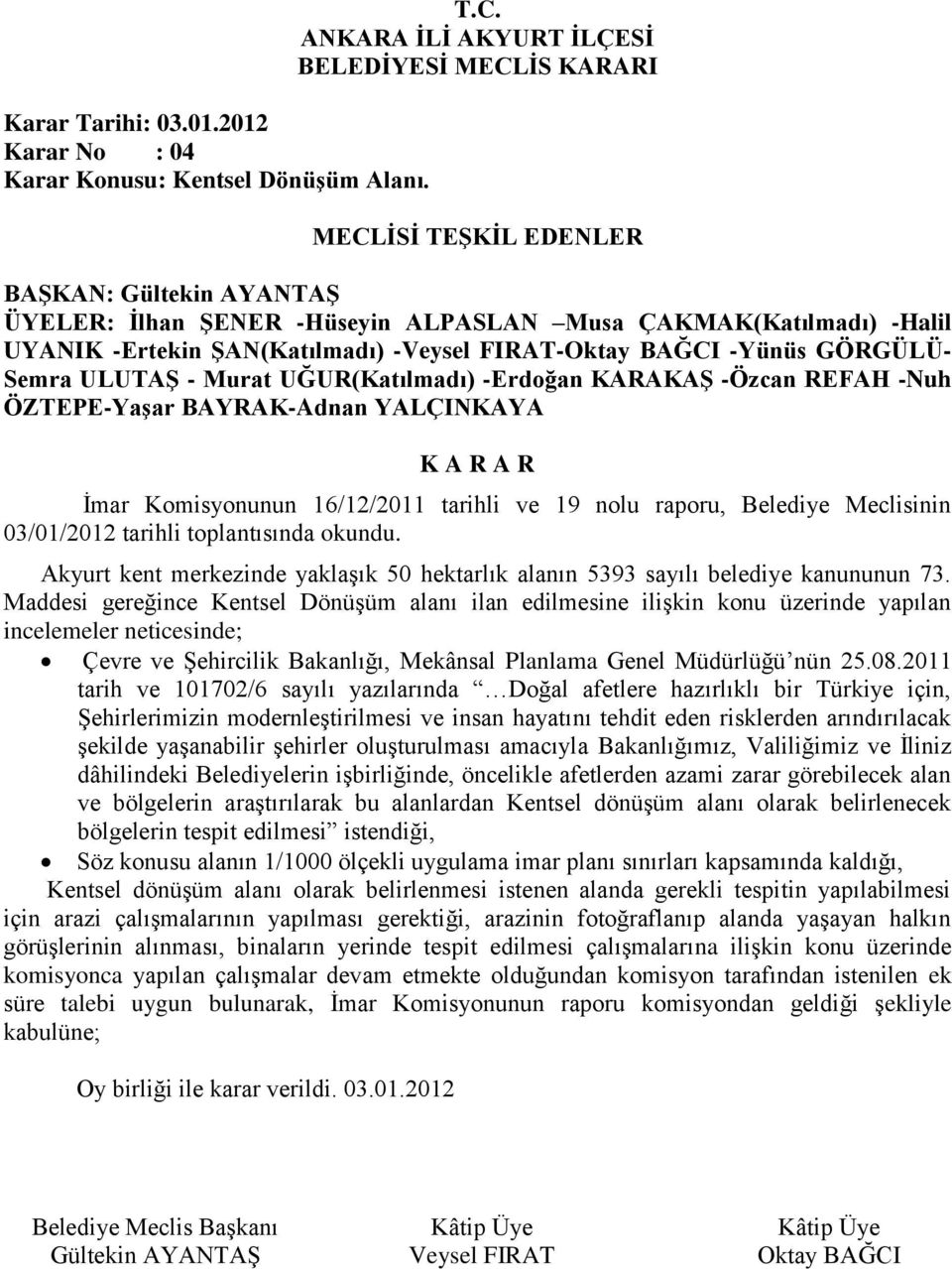 -Özcan REFAH -Nuh ÖZTEPE-Yaşar BAYRAK-Adnan YALÇINKAYA İmar Komisyonunun 16/12/2011 tarihli ve 19 nolu raporu, Belediye Meclisinin 03/01/2012 tarihli toplantısında okundu.