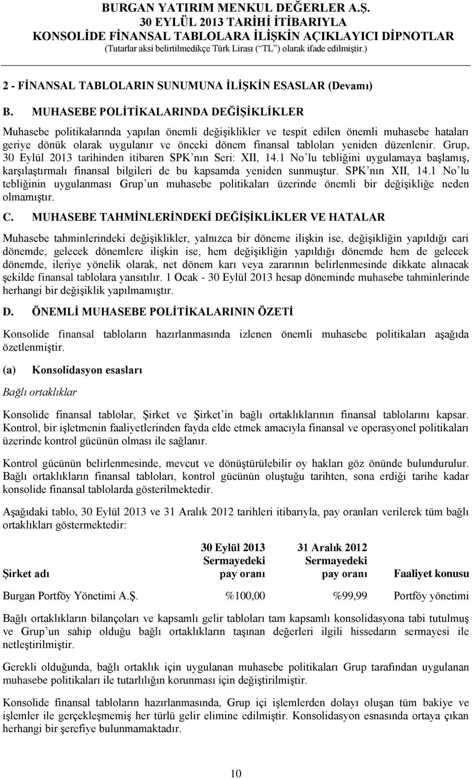 yeniden düzenlenir. Grup, 30 Eylül 2013 tarihinden itibaren SPK nın Seri: XII, 14.1 No lu tebliğini uygulamaya başlamış, karşılaştırmalı finansal bilgileri de bu kapsamda yeniden sunmuştur.