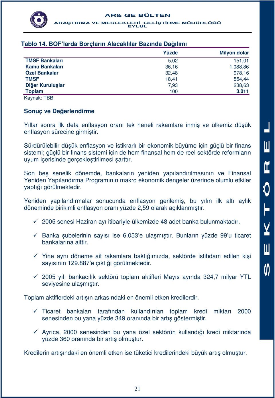 011 Kaynak: TBB Sonuç ve Değerlendirme Yıllar sonra ilk defa enflasyon oranı tek haneli rakamlara inmiş ve ülkemiz düşük enflasyon sürecine girmiştir.