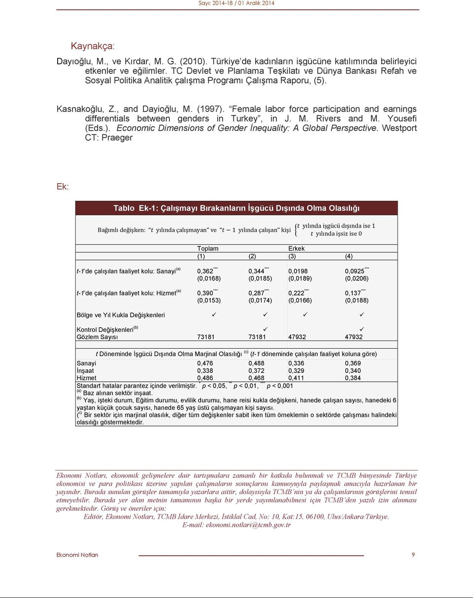 Female labor force participation and earnings differentials between genders in Turkey, in J. M. Rivers and M. Yousefi (Eds.). Economic Dimensions of Gender İnequality: A Global Perspective.