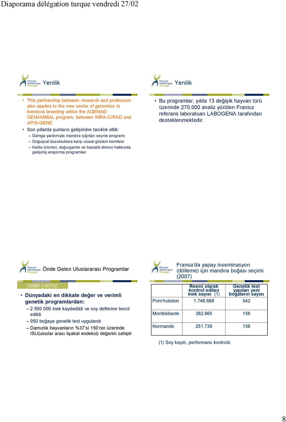 hastalık direnci hakkında gelişmiş araştırma programları Bu programlar, yılda 13 değişik hayvan türü üzerinde 270.000 analiz yürüten Fransız referans laboratuarı LABOGENA tarafından desteklenmektedir.