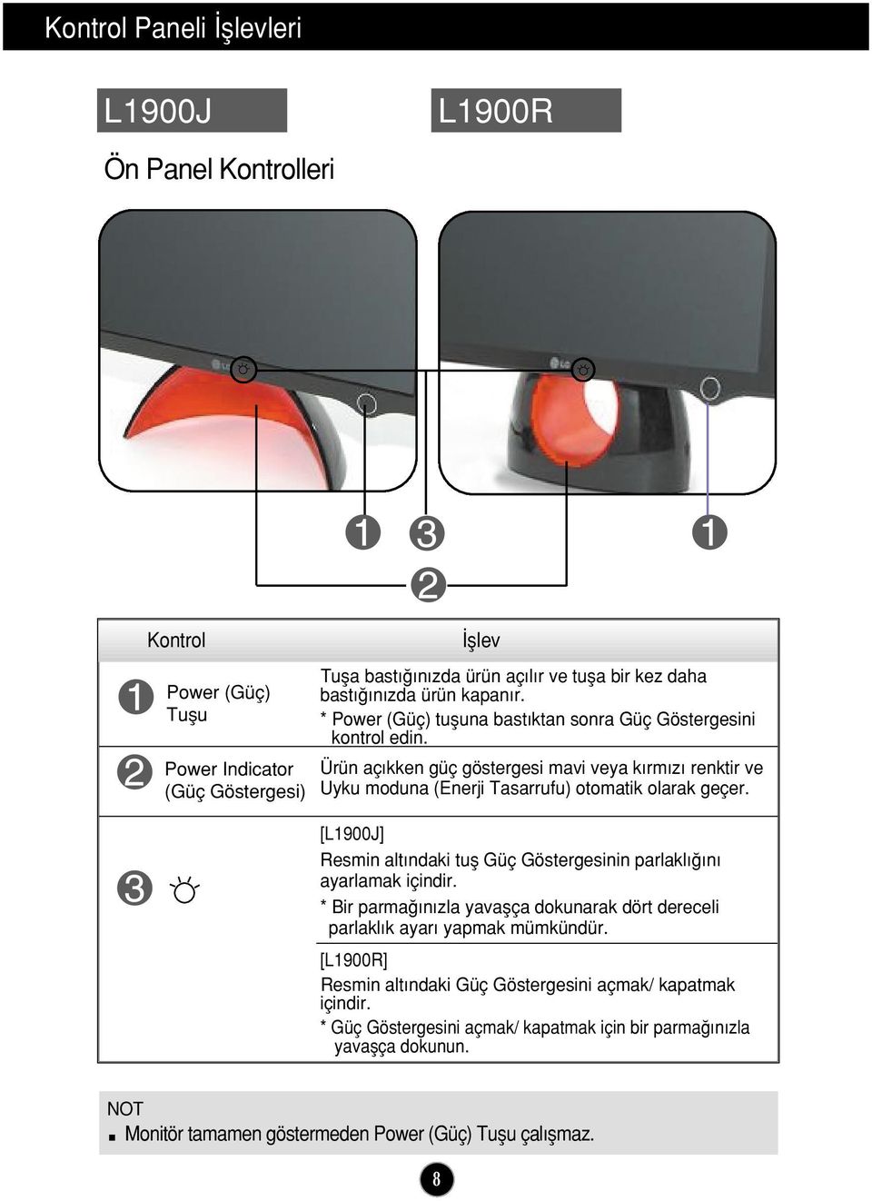 Ürün aç kken güç göstergesi mavi veya k rm z renktir ve Uyku moduna (Enerji Tasarrufu) otomatik olarak geçer. [L1900J] Resmin alt ndaki tufl Güç Göstergesinin parlakl n ayarlamak içindir.