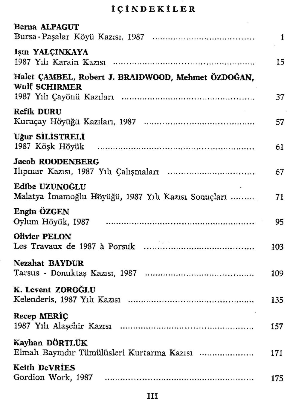 .Jacob ROODENBERG Ilıpınar Kazısı, 1987 Yılı Çalışmalan. Edibe UZUNOGLU Malatya İmamoğlu Hlöyüğü, 1987 Yılı Kazısı Sonuçları.