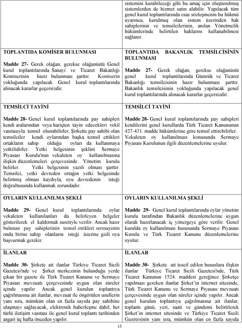 kullanabilmesi sağlanır. TOPLANTIDA KOMİSER BULUNMASI Madde 27- Gerek olağan, gerekse olağanüstü Genel kurul toplantılarında Sanayi ve Ticaret Bakanlığı Komiserinin hazır bulunması şarttır.