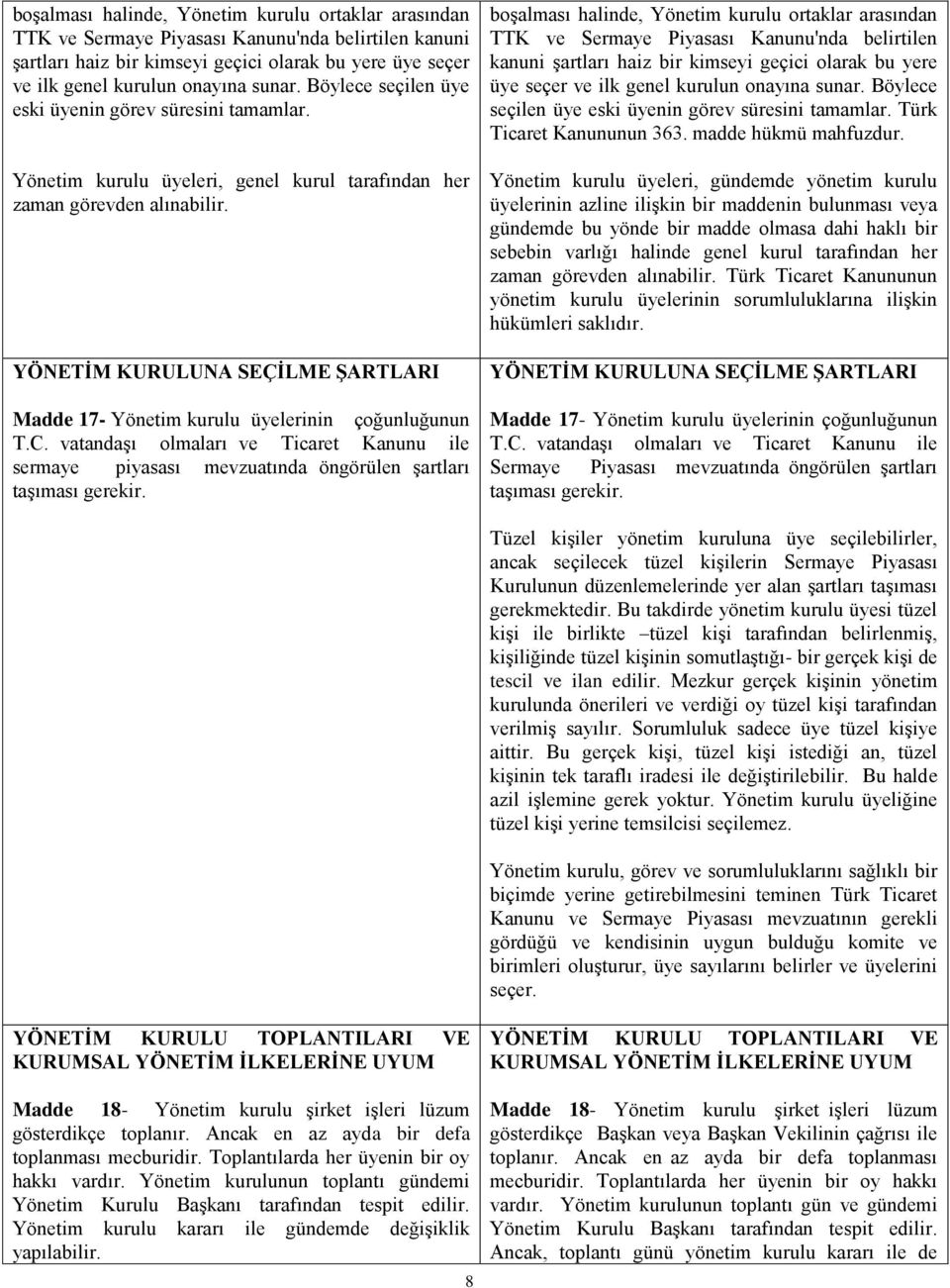 YÖNETİM KURULUNA SEÇİLME ŞARTLARI Madde 17- Yönetim kurulu üyelerinin çoğunluğunun T.C. vatandaşı olmaları ve Ticaret Kanunu ile sermaye piyasası mevzuatında öngörülen şartları taşıması gerekir.