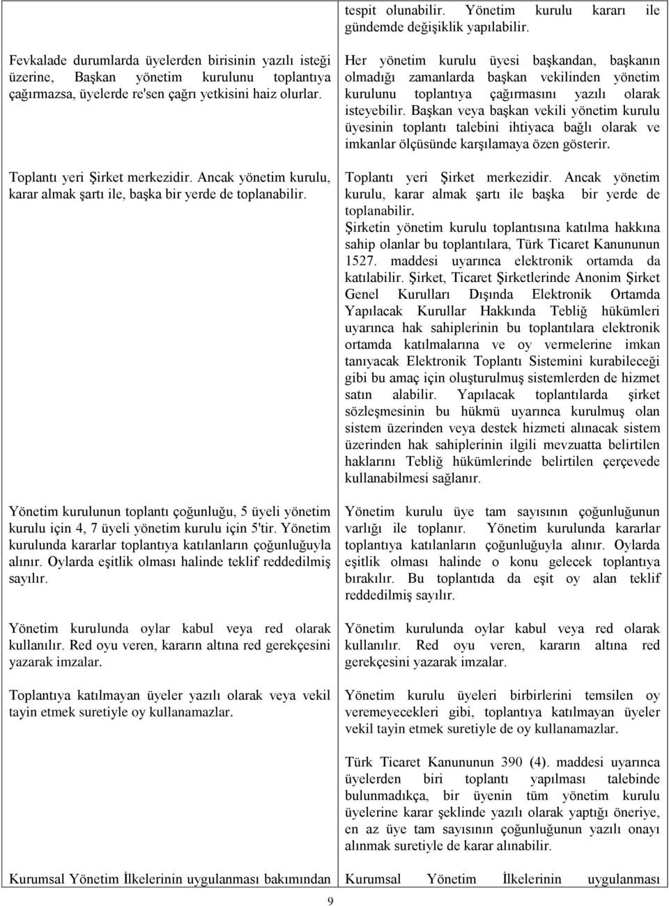 Ancak yönetim kurulu, karar almak şartı ile, başka bir yerde de toplanabilir. Yönetim kurulunun toplantı çoğunluğu, 5 üyeli yönetim kurulu için 4, 7 üyeli yönetim kurulu için 5'tir.