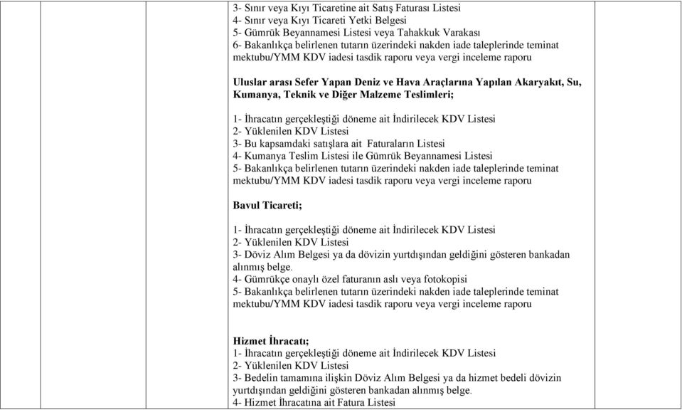 Ġndirilecek KDV Listesi 3- Bu kapsamdaki satıģlara ait Faturaların Listesi 4- Kumanya Teslim Listesi ile Gümrük Beyannamesi Listesi 5- Bakanlıkça belirlenen tutarın üzerindeki nakden iade