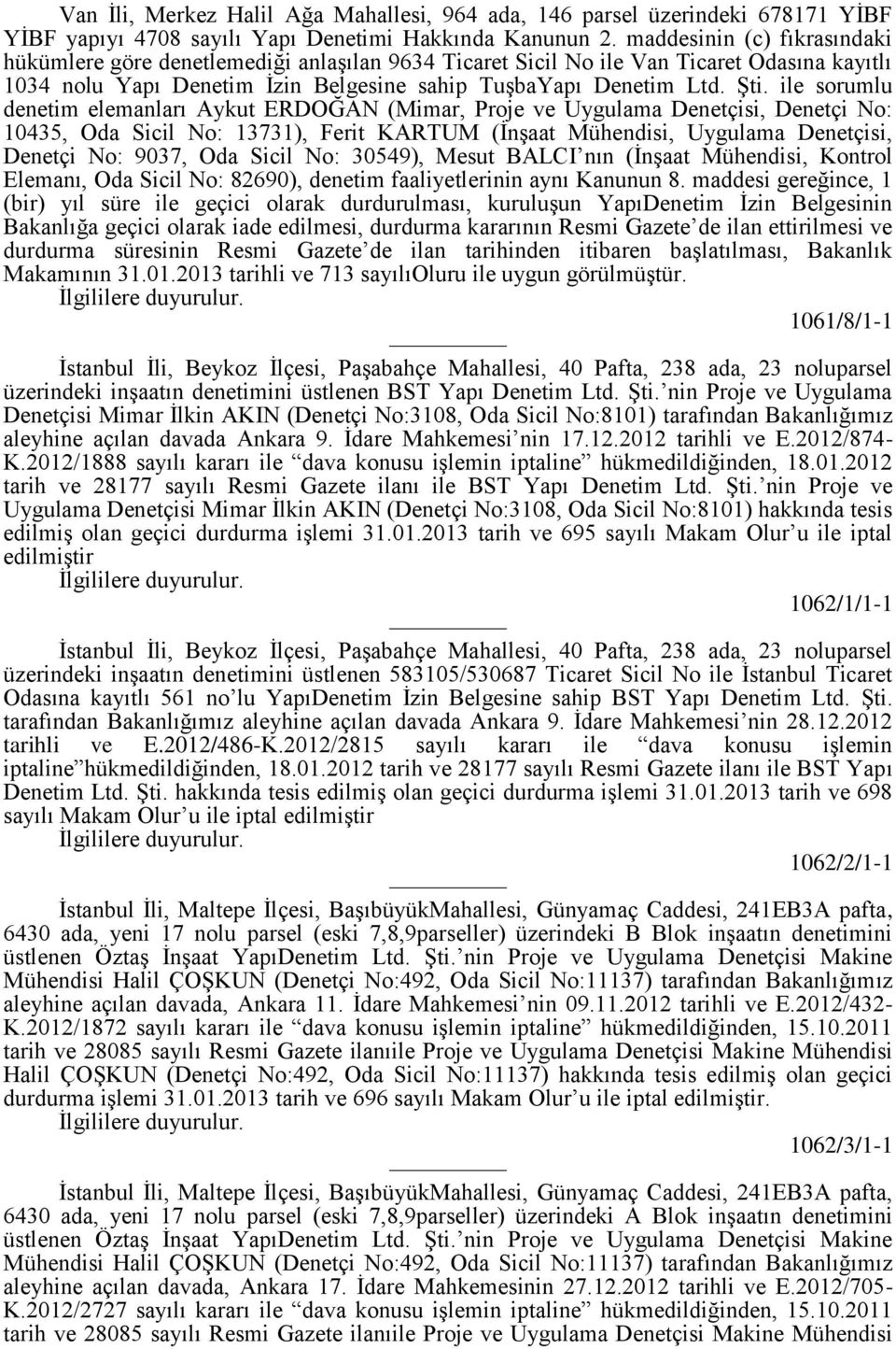 ile sorumlu denetim elemanları Aykut ERDOĞAN (Mimar, Proje ve Uygulama Denetçisi, Denetçi No: 10435, Oda Sicil No: 13731), Ferit KARTUM (İnşaat Mühendisi, Uygulama Denetçisi, Denetçi No: 9037, Oda