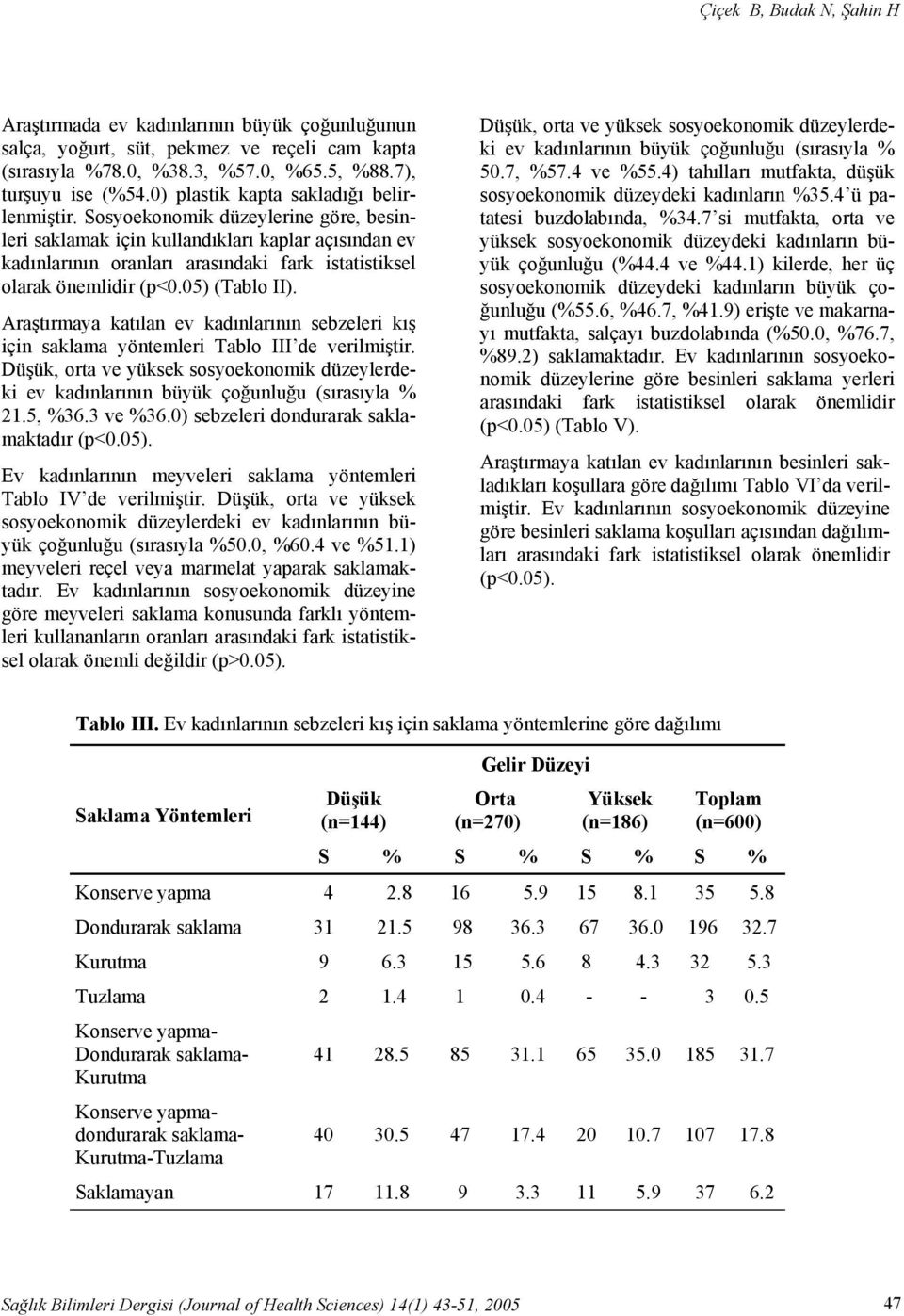 Sosyoekonomik düzeylerine göre, besinleri saklamak için kullandıkları kaplar açısından ev kadınlarının oranları arasındaki fark istatistiksel olarak önemlidir (p<0.05) (Tablo II).