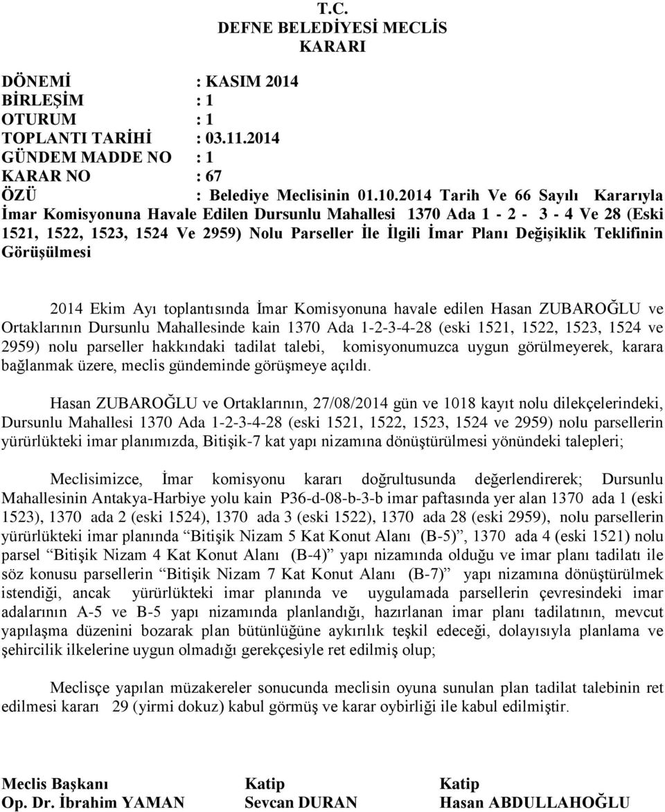 Teklifinin GörüĢülmesi 2014 Ekim Ayı toplantısında Ġmar Komisyonuna havale edilen Hasan ZUBAROĞLU ve Ortaklarının Dursunlu Mahallesinde kain 1370 Ada 1-2-3-4-28 (eski 1521, 1522, 1523, 1524 ve 2959)