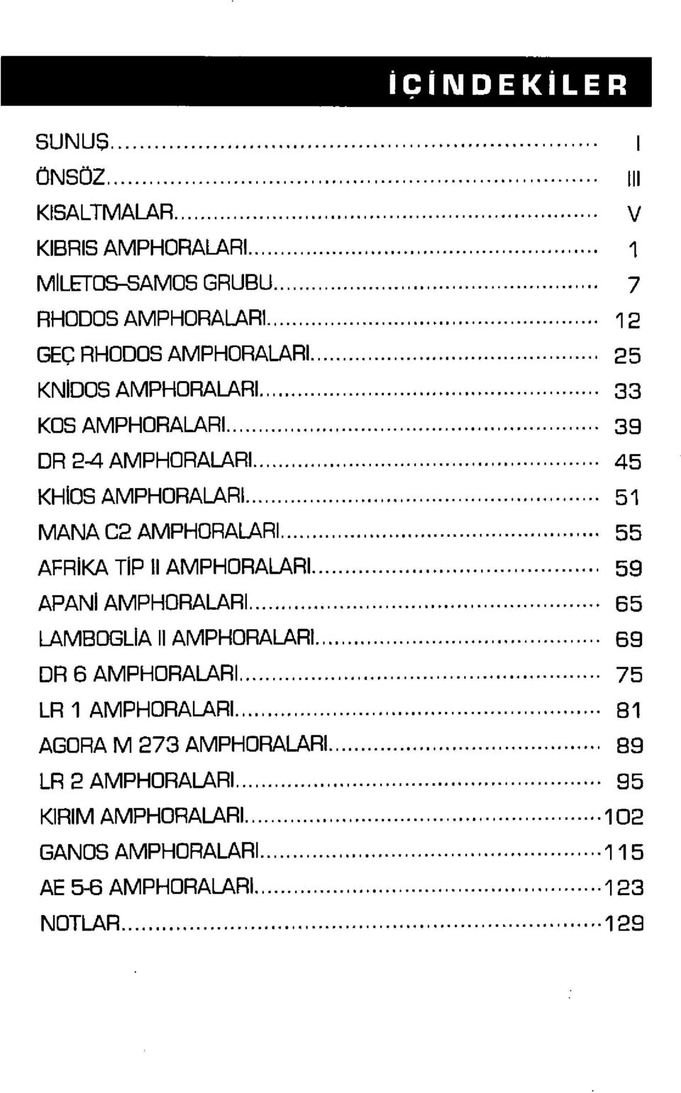 55 AFRİKA TİP II AMPHORALARI 59 APANİ AMPHORALARI 65 LAMBOGLİA II AMPHORALARI 69 DR 6 AMPHORALARI 75 LR 1 AMPHORALARI 81