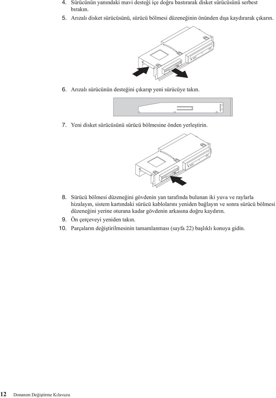Yeni disket sürücüsünü sürücü bölmesine önden yerleştirin. 8.