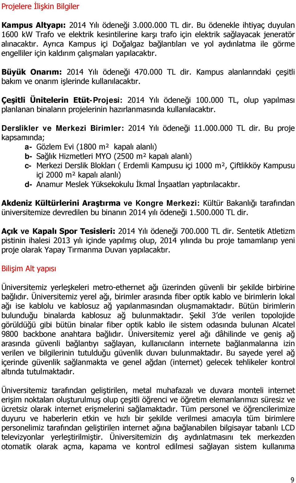 Ayrıca Kampus içi Doğalgaz bağlantıları ve yol aydınlatma ile görme engelliler için kaldırım çalışmaları yapılacaktır. Büyük Onarım: 2014 Yılı ödeneği 470.000 TL dir.