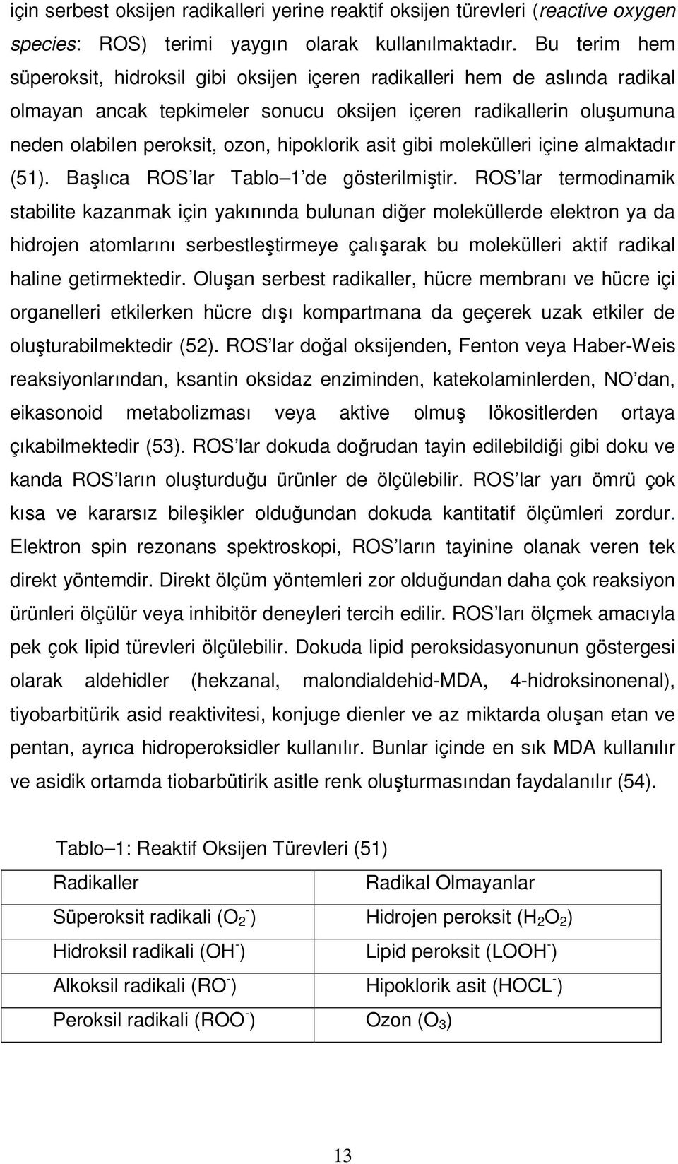 hipoklorik asit gibi molekülleri içine almaktadır (51). Başlıca ROS lar Tablo 1 de gösterilmiştir.