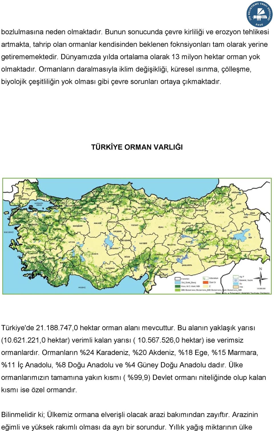 Ormanların daralmasıyla iklim değişikliği, küresel ısınma, çölleşme, biyolojik çeşitliliğin yok olması gibi çevre sorunları ortaya çıkmaktadır. TÜRKİYE ORMAN VARLIĞI Türkiye'de 21.188.