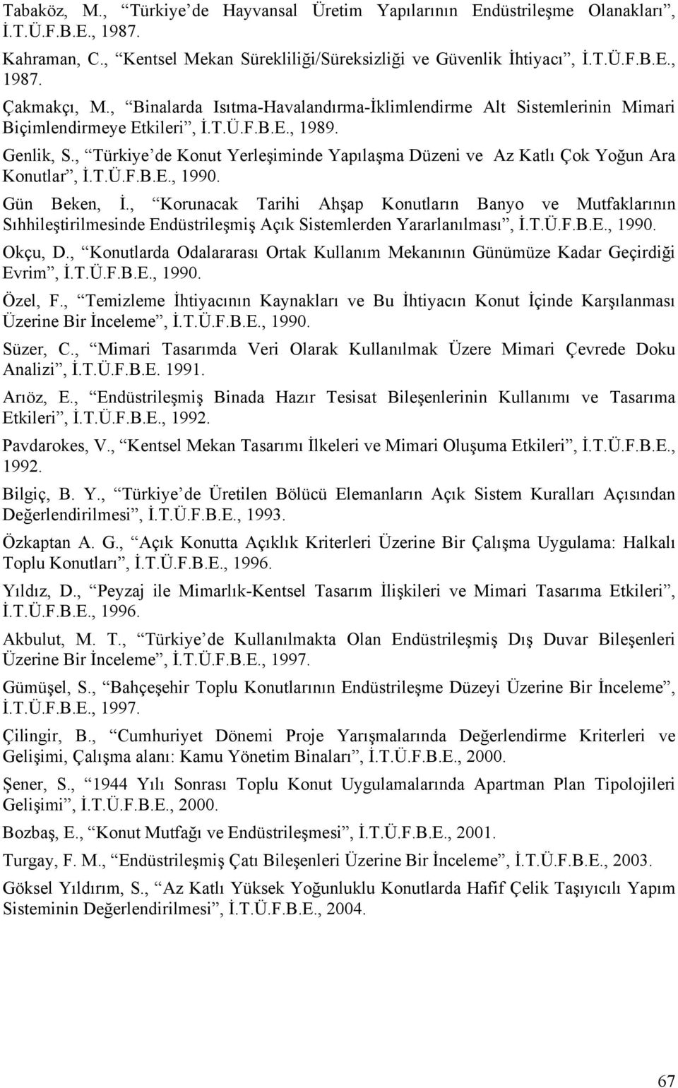 , Türkiye de Konut Yerleşiminde Yapılaşma Düzeni ve Az Katlı Çok Yoğun Ara Konutlar, İ.T.Ü.F.B.E., 1990. Gün Beken, İ.