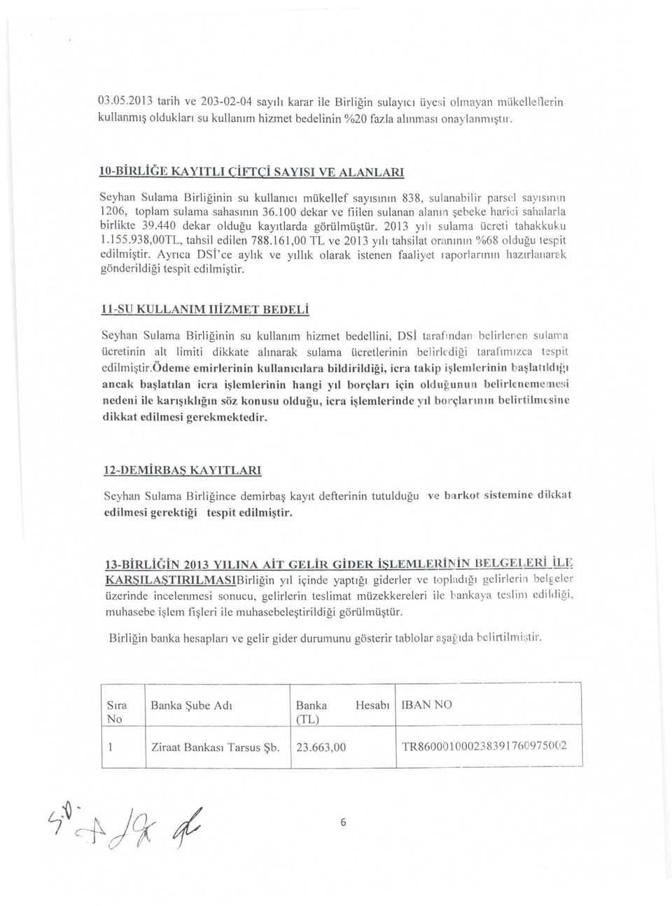 100 dekar ve fiilen sulanan alanı şebeke harici sahalarla birlikte 39.440 dekar olduğu kayıtlarda görülmüştür. 2013 yılı sulama ücreti tahakkuku 1.155.938,00TL, tahsil edilen 788.