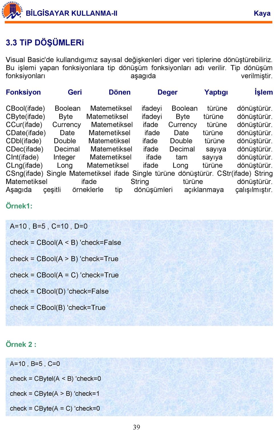 CByte(ifade) Byte Matemetiksel ifadeyi Byte türüne dönüştürür. CCur(ifade) Currency Matemetiksel ifade Currency türüne dönüştürür. CDate(ifade) Date Matemetiksel ifade Date türüne dönüştürür.