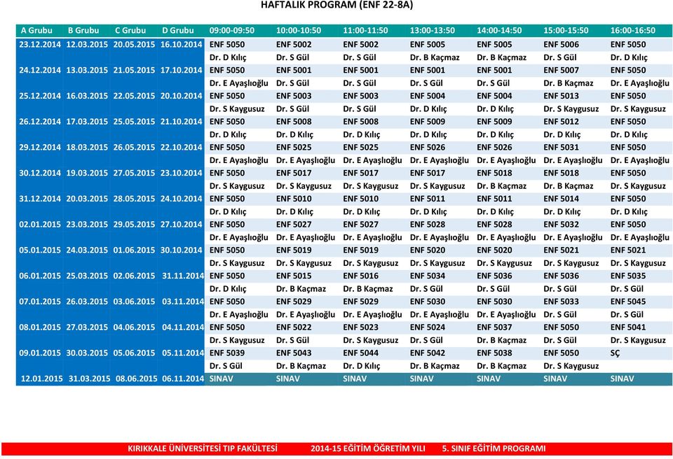 E Ayaşlıoğlu Dr. S Gül Dr. S Gül Dr. S Gül Dr. S Gül Dr. B Kaçmaz Dr. E Ayaşlıoğlu 25.12.2014 16.03.2015 22.05.2015 20.10.2014 ENF 5050 ENF 5003 ENF 5003 ENF 5004 ENF 5004 ENF 5013 ENF 5050 Dr.