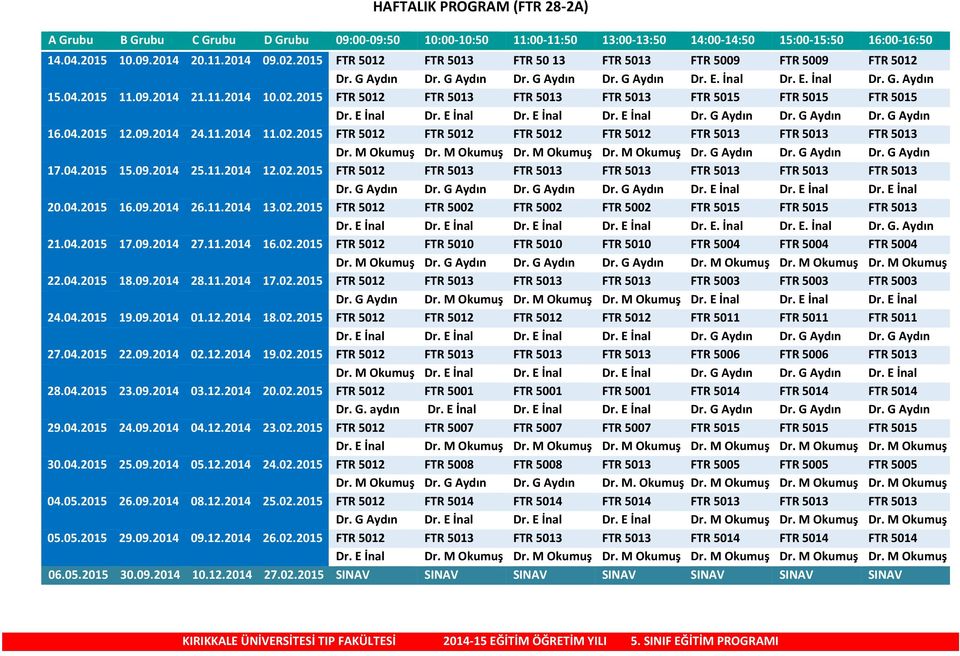 2015 FTR 5012 FTR 5013 FTR 5013 FTR 5013 FTR 5015 FTR 5015 FTR 5015 Dr. E İnal Dr. E İnal Dr. E İnal Dr. E İnal Dr. G Aydın Dr. G Aydın Dr. G Aydın 16.04.2015 12.09.2014 24.11.2014 11.02.